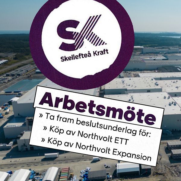 Flygbild över Northvolt-fabriken med Skellefteå Krafts logotyp och arbetsmötesinformation inklippt ovanpå.
