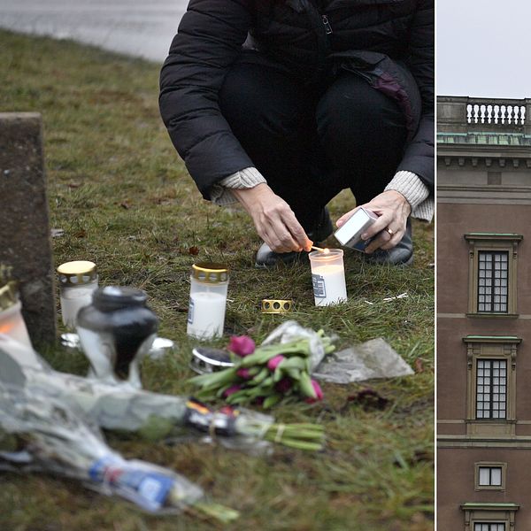 Vasemmalla kukkia Örebron kouluampumisen tapahtumapaikan lähistöllä keskiviikkoaamuna. Oikealla suruliputus Kuninkaanlinnan ja Valtiopäivätalon edustalla Tukholmassa. T.v. Blommor och tända ljus utanför Risbergska skolan morgonen efter skolskjutningen i Örebro som krävde ett tiotal liv. T.h. Stockholm slott och Riksdagen flaggar på halv stång under onsdagen. Det med anledning av gårdagens skolskjutning i Örebro där minst elva personer dödades.