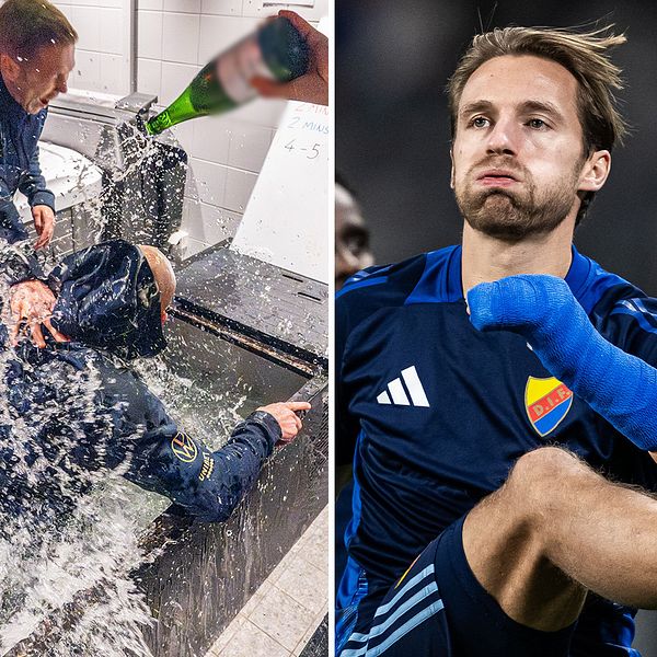 Tredelad bild. Till vänster: personer firar med champagne. I mitten: Djurgården-spelare sparkar boll. Till höger: fotbollsspelare i träningskläder.