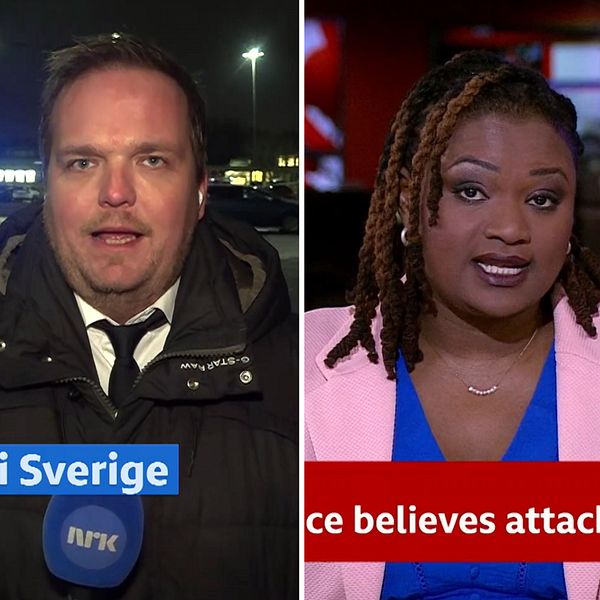 Delad bild i tre sektioner: Första sektionen visar en reporter utomhus med en mikrofon märkt ”NRK”, mot en mörk bakgrund. Den andra sektionen visar en nyhetsankare klädd i en rosa kavaj framför en studiomiljö, med en rubrik där ”police believes attacker” kan läsas. Tredje sektionen visar en bild av två tungt beväpnade poliser i skyddsutrustning framför en byggnad och ett fordon, med en textrad om ”worst mass shooting in Swedish history” synlig.