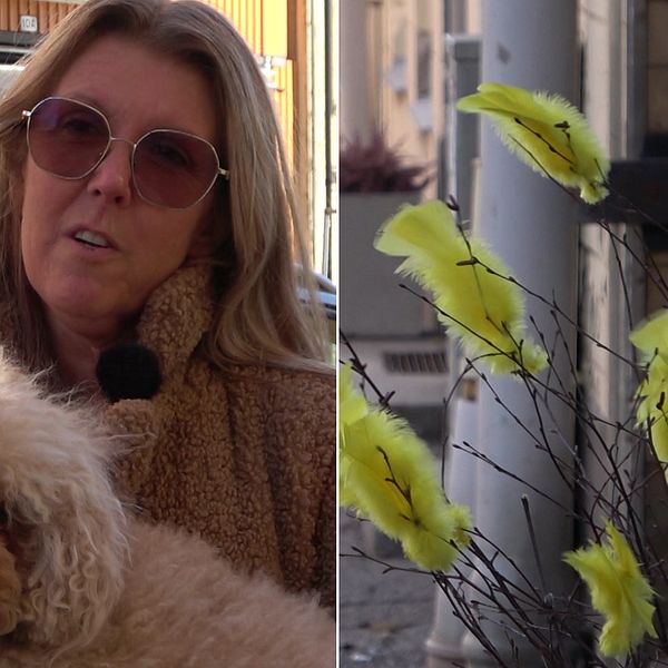 Påskfjädrar samt två kvinnor som intervjuas i Örnsköldsvik
