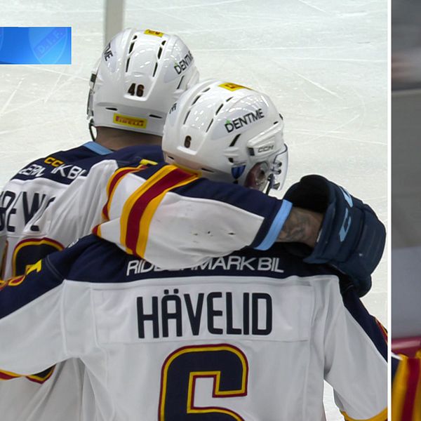 Tvådelad bild. Vänster: Djurgården-spelare omfamnar varandra. Höger: Närbild på spelare Havelid.