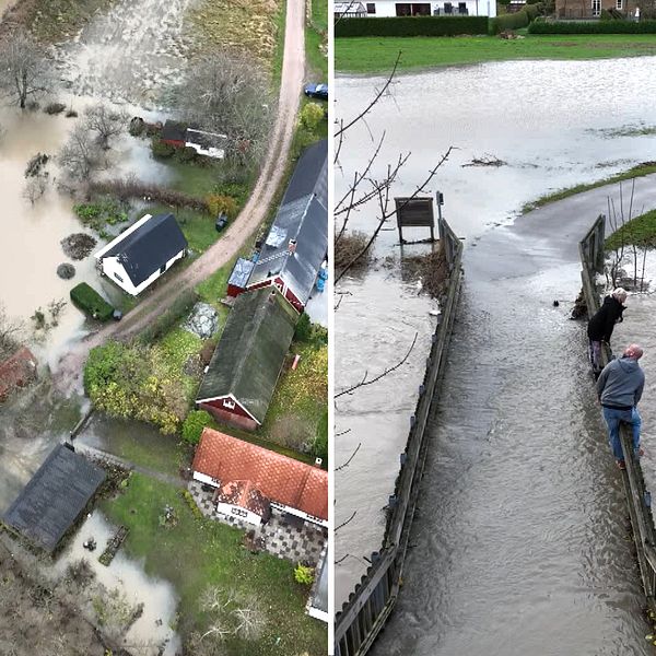 Vattendränkta åkermarker och översvämmade åar i västra Skåne efter regnovädret.