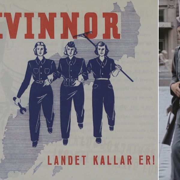 Delad bild. Till vänster: historisk propagandaposter om kvinnor i krigstjänst. Till höger: soldatfamilj promenerar.