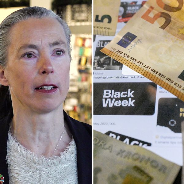 En tredelad bild. Till vänster Birgitta Losman, tidigare Miljöpartiet och hållbarhetsstrateg på Högskolan i Borås, i mitten pengar samt reklam för Black Week, till höger vd för Gekås i Ullared, Patrik Levin.