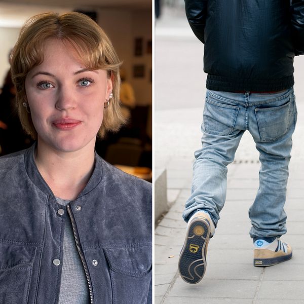 Tredelad bild. Vänster: person inomhus. Mitten: person som går bortåt. Höger: person i kostym.