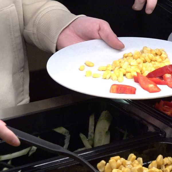 En bild på en hand på en elev som tar skolmat och en bild på Niklas Ståhl bostadsocialchef på HFAB