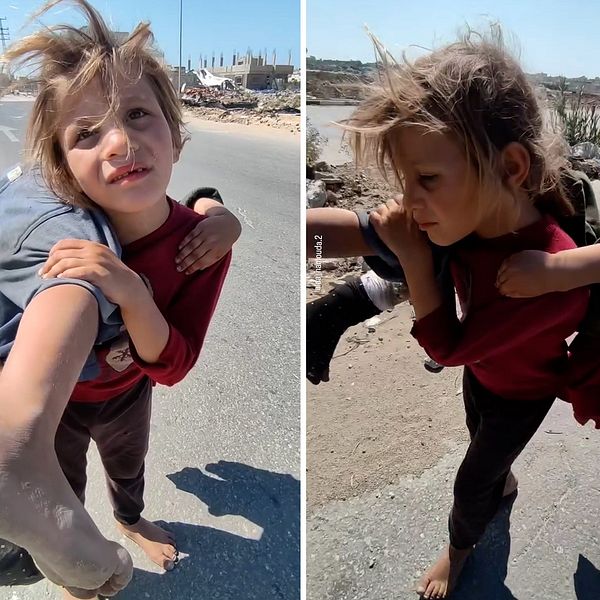 En delad bild med tre sektioner som visar två barn. I den första sektionen bär ett barn ett annat barn på ryggen medan de står vid en väg. Den andra sektionen visar en närbild av barnet som bär det andra, som håller fast sig runt midjan. I den tredje sektionen går de framåt, med den bärande barnet som visar stöd och omsorg medan de navigerar genom en stadslandskap.