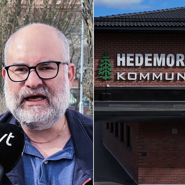 Tredelad bild. Till vänster: Person blir intervjuad. I mitten: Hedemora kommuns entré. Till höger: person i blå tröja.