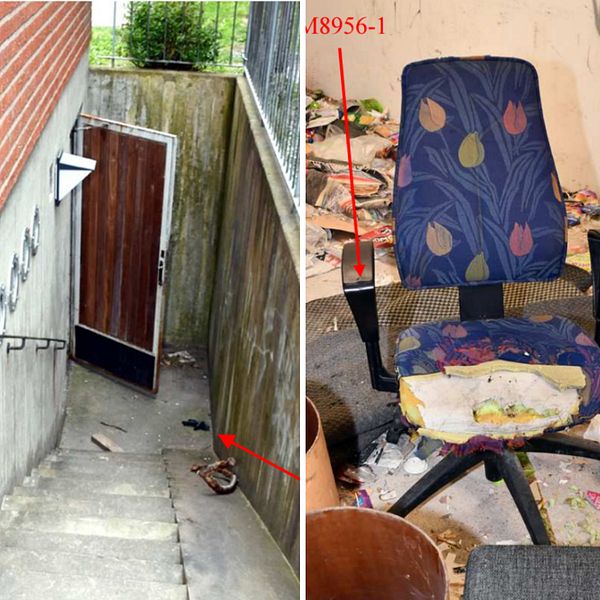 tredelad bild där den första föreställer en trappa till en källare. den andra bilden en blå stol och den trdje bildern föeställer en blodig kran