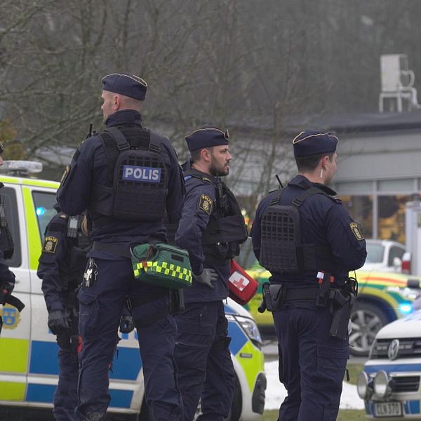 Poliser står samlade vid sidan av en väg bredvid flera parkerade polisfordon. I bakgrunden syns byggnader och ett trädigt område. Bilden är delad; den högra delen visar en person med grått hår i en studio.