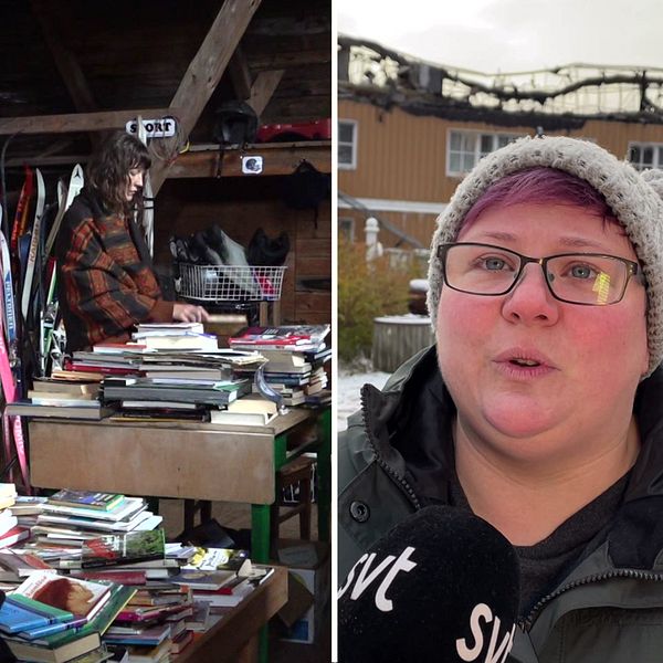 tre olika bilder i en. 1) kvinna/Camilla Storm i byteshandel. 2) Kvinna/Emma Pettersson framför brandskadat hus. 3) närbild på fingrar och blåsinstrument