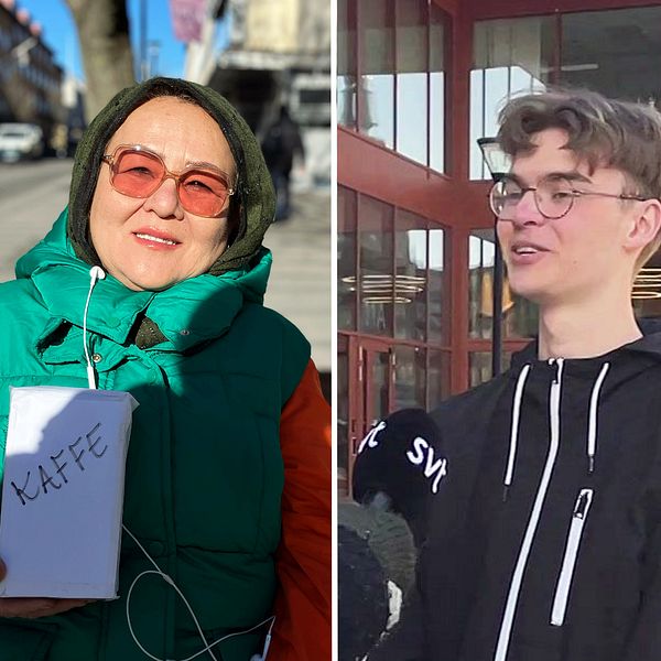 Tredelad bild. Vänster: person med kaffepaket. Mitten och höger: två intervjuer med SVT-mikrofon.