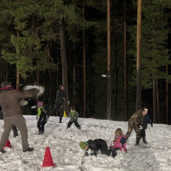 En delad bild som visar vinteraktiviteter. Till vänster syns en grupp barn som leker i snön, bland annat med snöbollskastning och lek. Några vuxna är också med i leken. I bakgrunden finns höga tallar. Till höger står Sebastian Bryntesson i vinterkläder och tittar in i kameran.