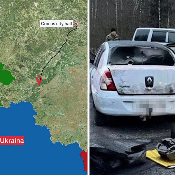 Till vänster: karta som visar platsen i Brjansk där två av terroristerna greps. I mitten: flyktbilen övergiven vid en väg. Till höger: en av de misstänkta grips.