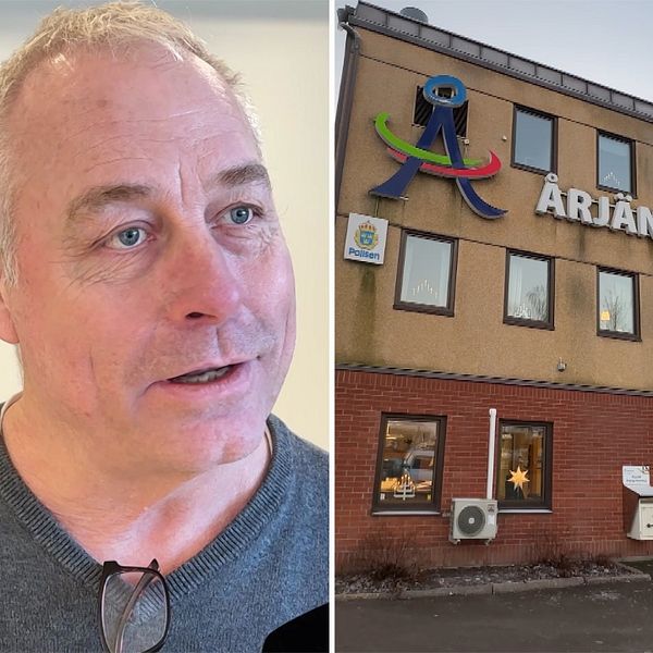 En delad bild som visar tre sektioner. Till vänster syns en man med grått hår som bär en tröja med en kamera i fokus. I mitten visas en byggnad med skylten ”ÅRJÄNGS” och fönster som reflekterar omgivningen. Till höger finns en man med blont hår som bär en svart jacka, fotograferad i en ljus miljö.