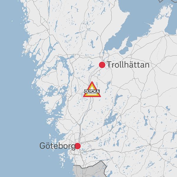 En karta över Västra Götaland där Trollhättan och Göteborg är utmärkta. Vid Lilla Edet sitter en symbol där det står olycka