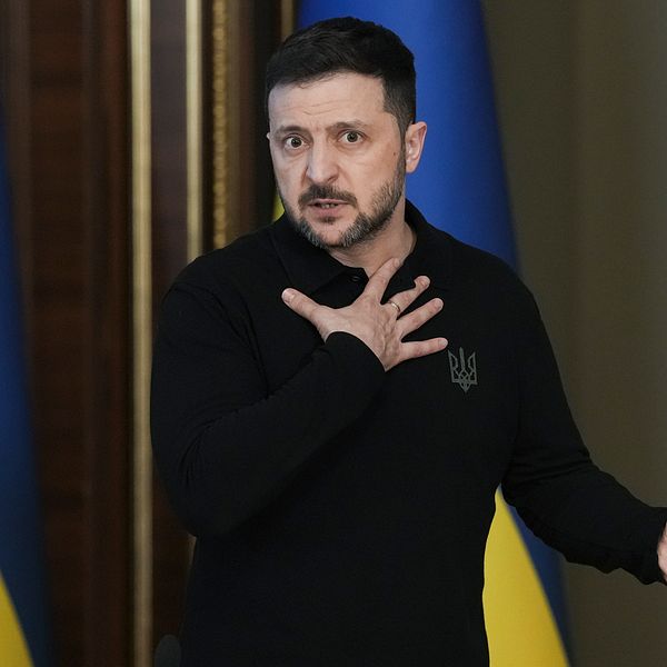 Volodymyr Zelenskyj håller ett tal framför ukrainska flaggor.