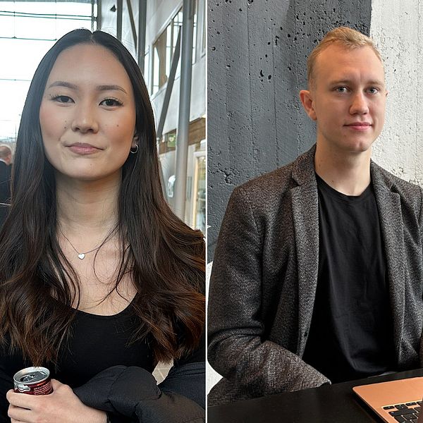 Tre studenter inne på Umeå universitet: En tjej med brunt hår, en kille med blont hår och en tjej med blont hår