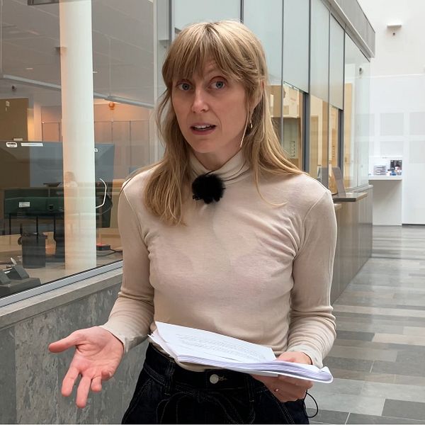 Reporter står Västmanlandstingsrätt med en dom i handen. Haschkakor i en kartong.