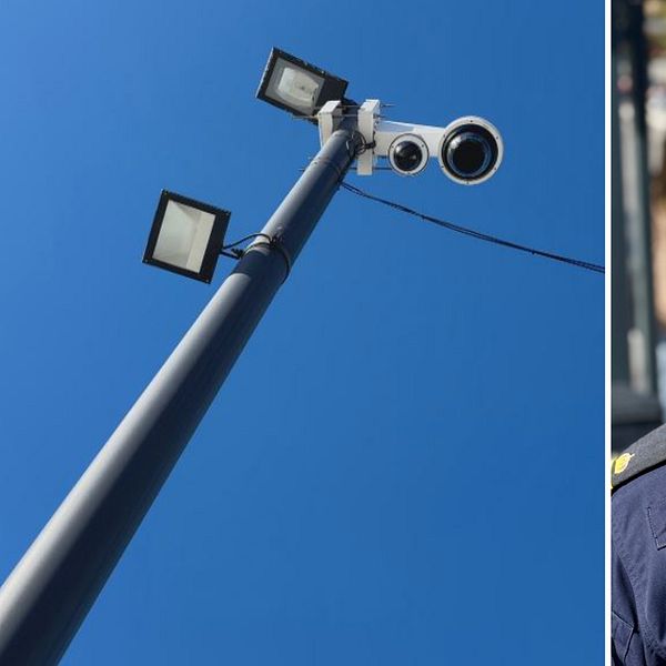 Delad bild. Vänster: övervakningskamera mot blå himmel. Höger: polis i uniform utomhus.