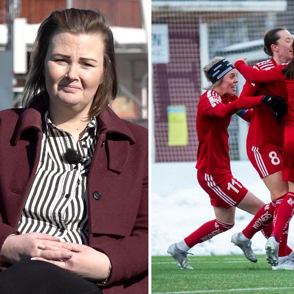 Piteå IF:s ordförande Jennie Kaarle och spelare på fotbollsplanen.