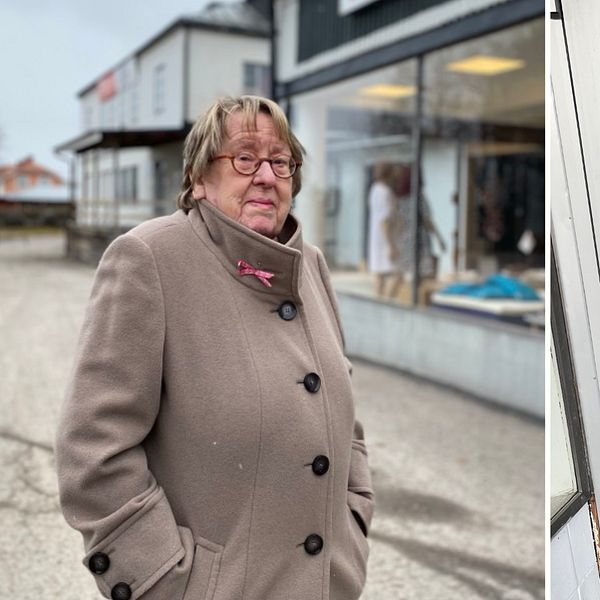 Tvådelad bild. Vänster: Person står framför butik. Höger: Krossad glasdörr.