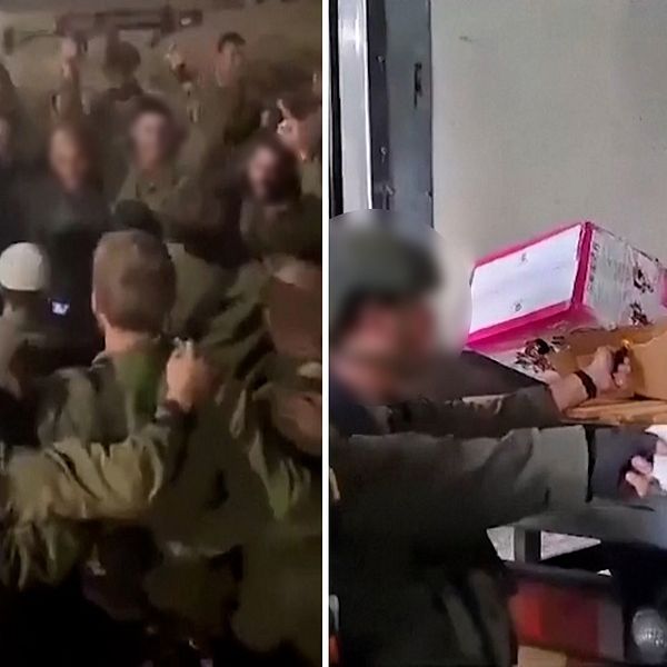 IDF-soldater som sjunger olämpliga sånger, tänder eld på förnödenheter och kastar butiksvaror.