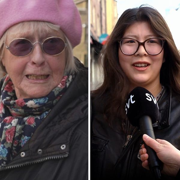 Tredelad bild. Vänster: person i rosa mössa. Mitten: SVT-intervju på stan. Höger: person i brun jacka.