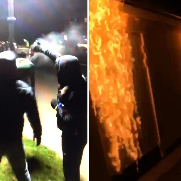 Bilder från förundersökning, maskerade personer ses tända eld på en soptunna och på ett förråd.