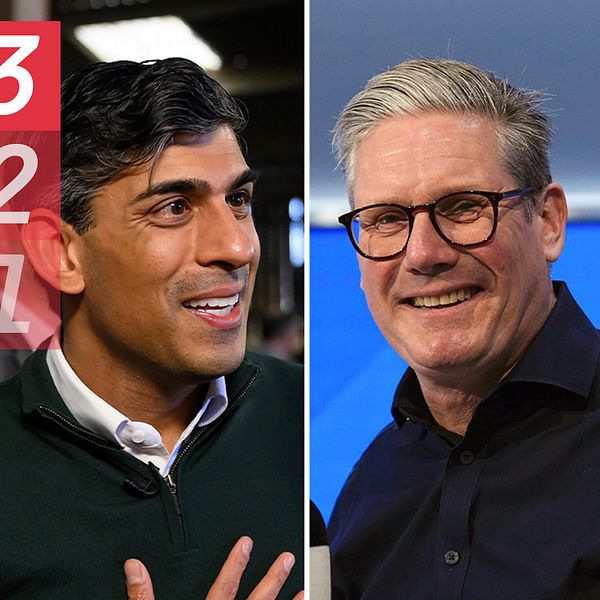 Rishi Sunak, Keir Starmer och Nigel Farage.