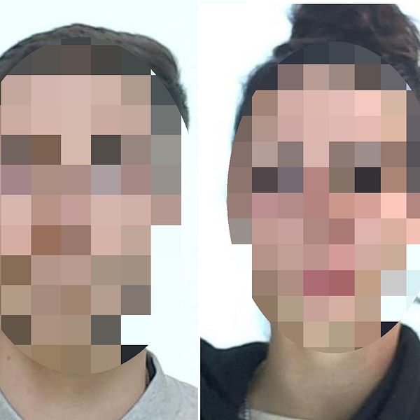 Två män och en kvinna på passbilder, deras ansikten är pixlade.