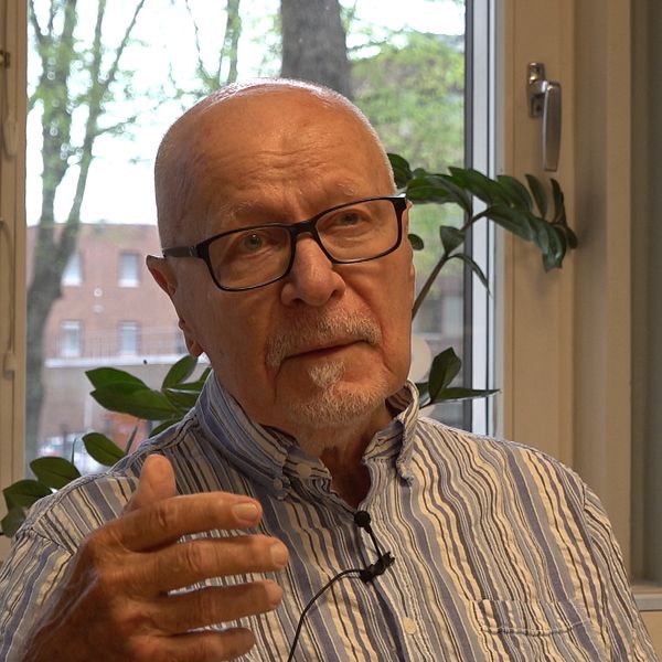 Person i randig skjorta sitter vid fönster och talar