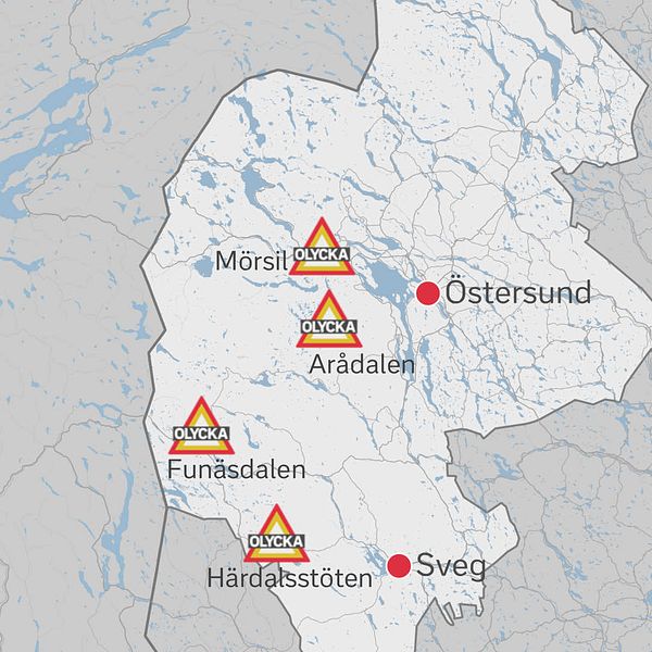 kartbild över Jämtland, olyckor med skoter markerade
