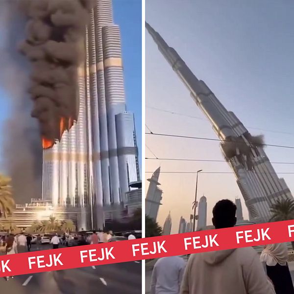 Tre AI-genererade bilder som påstås visa Mellanösternkonflikten, märkta som fejk.