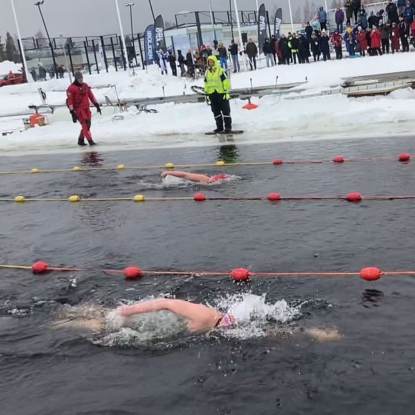 Två personer simmar i en isvak. I bakgrunden ser man snö, funktionärer och publik.