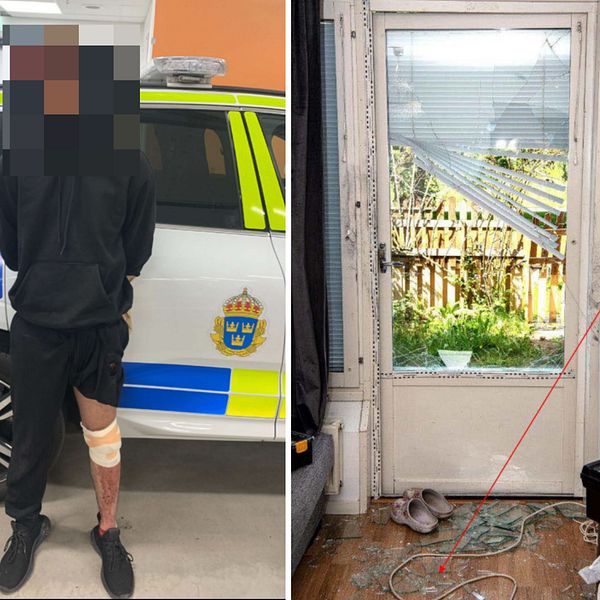Tredelad bild. Vänster: person vid polisbilen. Mitten: krossad dörr. Höger: beslagtaget vapen.