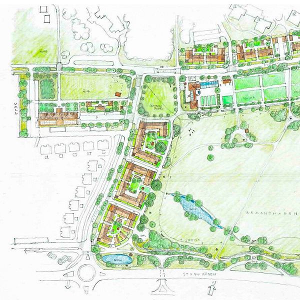 Skiss över stadsplanering som visar ett grönområde omgivet av bostadskomplex och vägar. Planen inkluderar träd, en liten damm, och olika gångvägar genom parken, med omgivande strukturer representerade i brunt och rött.