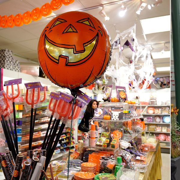 Till vänster syns halloweenartiklar i en butik och till höger syns en kvinna som blir intervjuad.