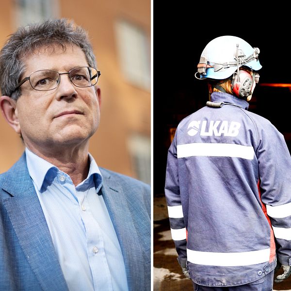 Bild på ekonomen Magnus Henrekson och två gruvarbetare på  LKAB.
