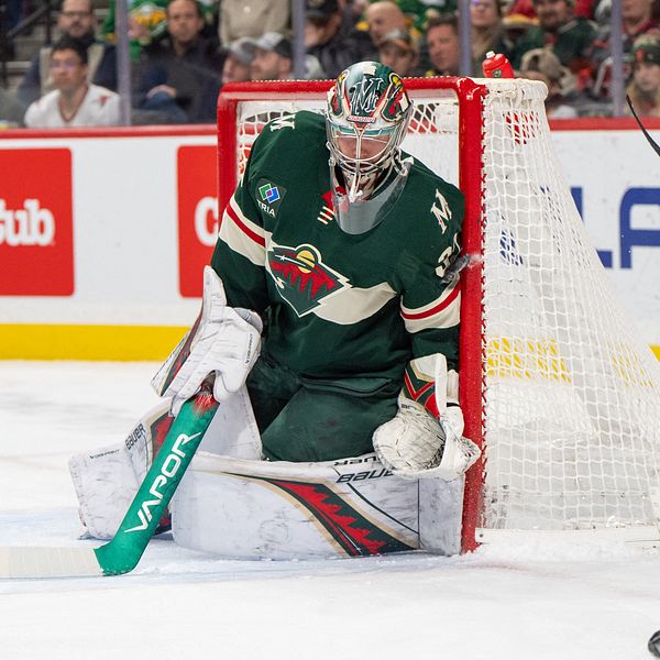 En hockeyspelare i grönt täcker målet
