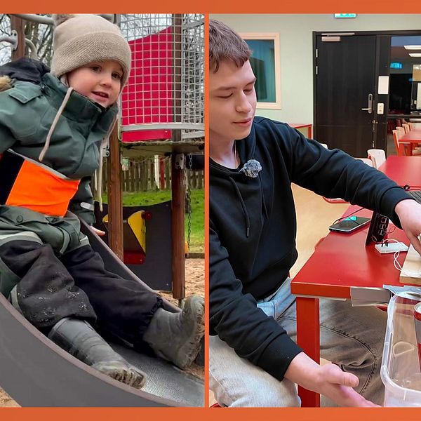 Tredelad bild. Vänster: barn med reflexbälte på rutschkana. Mitten: en kille som kommit på en uppfinning som varnar när hans djur har slut på vatten. Höger: kvinna målar på en snögubbe.