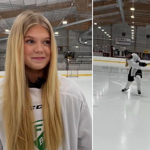 Delad bild: Nellie Norén står uppställd för intervju till vänster och skjuter en hockeypuck mot ett mål till höger
