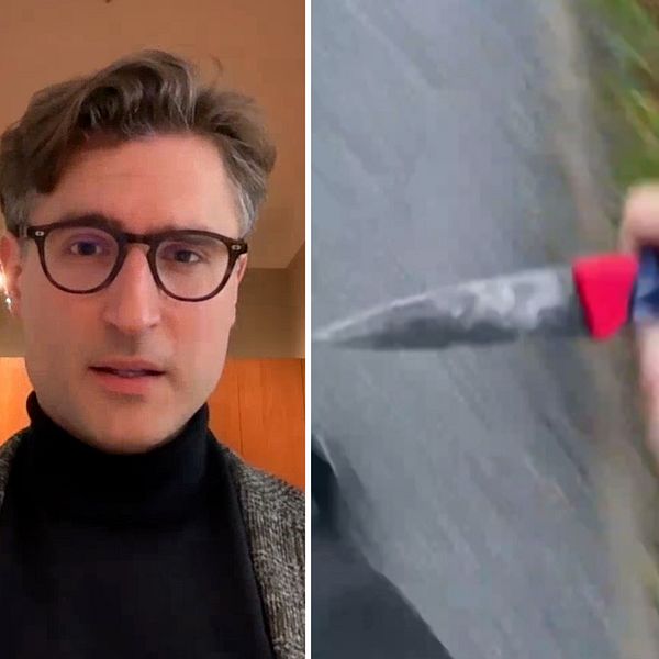 Fredrik Bergman, jurist, till vänster; i mitten: en hand som håller i en kniv; till höger: en chattkonversation.