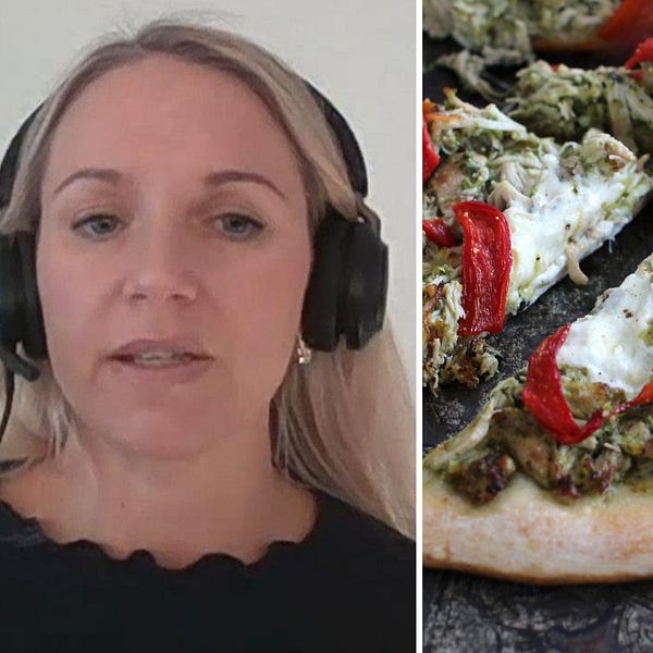 Kvinna tv i bilden, pizza till höger