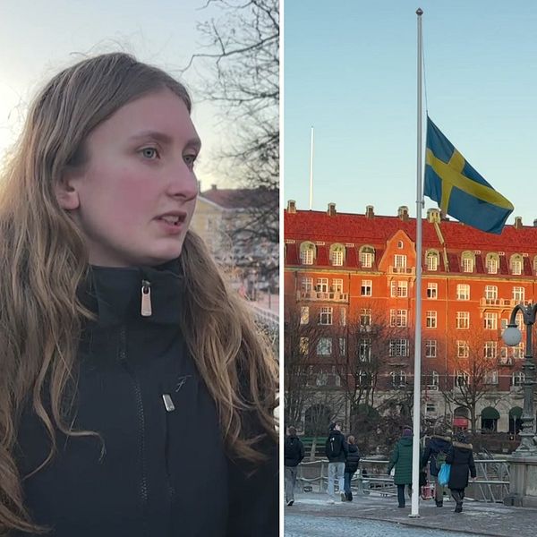 Delad bild: Till vänster syns en person med långt hår i en mörk jacka. Till höger visas en byggnad med röd tegelfasad, framför vilken en svensk flagga vajar på halv stång som tecken på sorg eller hedrande.