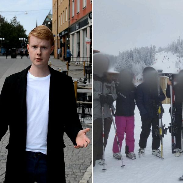 Bild på reporter Elias Voltaire och anonymiserad bild på familjen på skidsemester