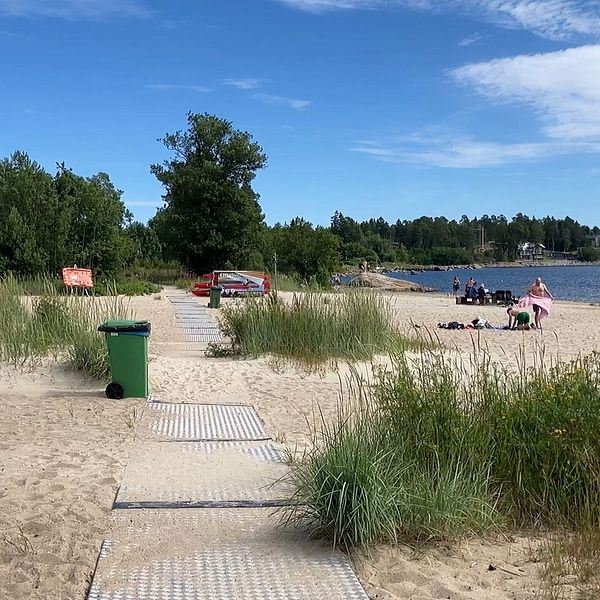 Montage med bild på stranden på Tranviken i Sundsvall och ett poträtt på en man i keps och svart t-shirt.