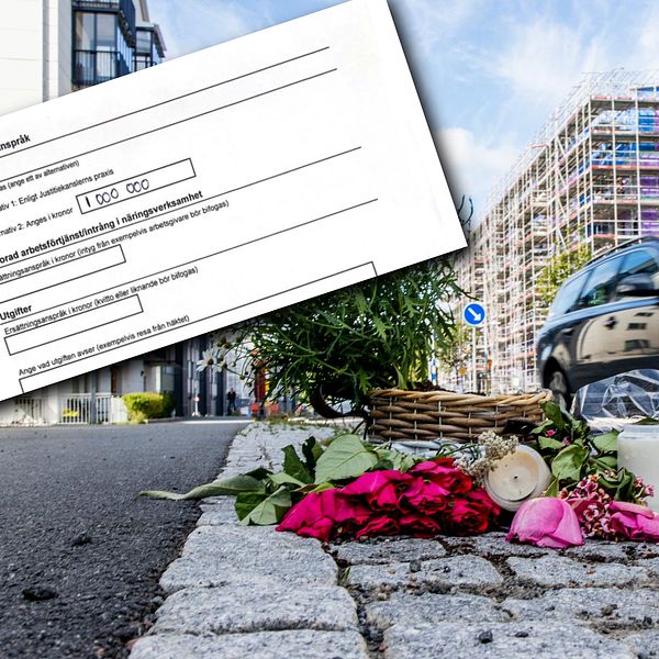 Blommor på marken där mamman kördes ihjäl på Hisingen i Göteborg 2022. Infällt en lapp med ersättningskrav på en miljon kronor.