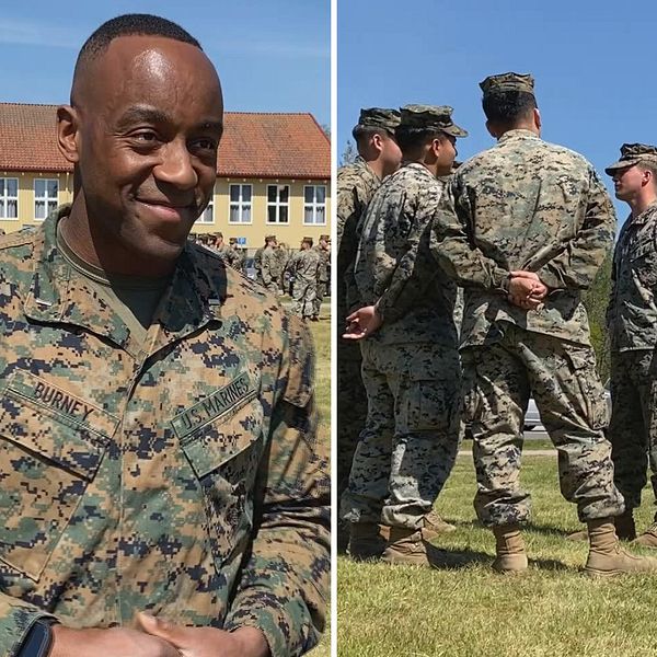 Delad bild. Till vänster: Amerikanska soldaten Kevaughn Burney klädd i militärkläder. I bakgrunden syns ett gult hus. Till höger: Fyra amerikanska soldater står i en ring och pratar med varandra, en bit bort står en femte soldat med armarna i midjan.